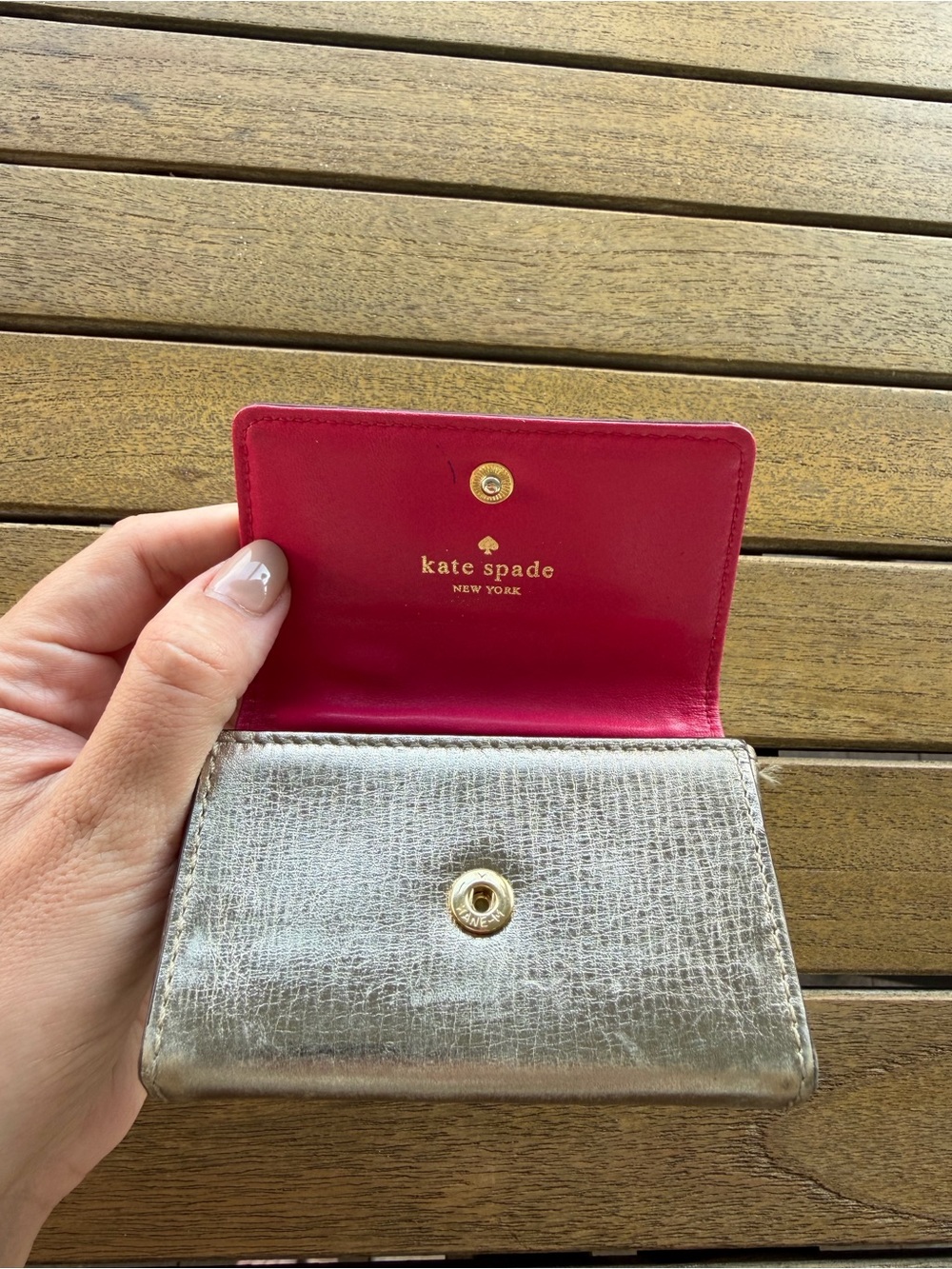 Kate Spade Small Leather ID Snap Wallet in Metallic Gold / Pink Interior